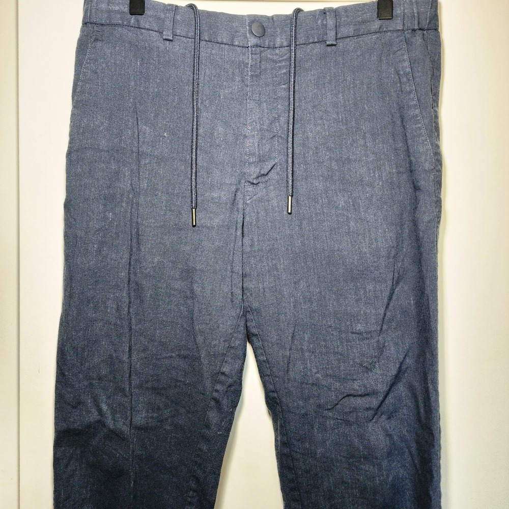 Nordstrom Linen Blend Trousers Mens 32R Navy Blue Excellent Slim Fit Drawstring - Picture 8 of 9